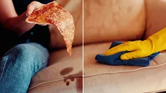 Pizzatäplä sohvalla ja siivouskäsineellä pyyhkiminen, sohvapuhdistus kotona.
