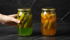 Kaksi purkkia hillottuja kurkkuja eri liemissä mustalla taustalla